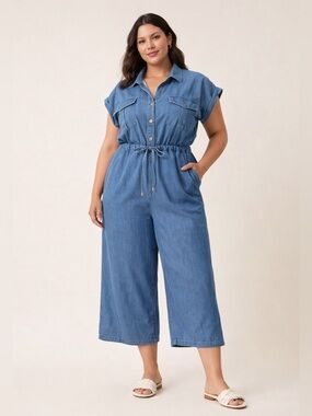 Blush NWT Chambray Denim Tie Waist Utility Romper Women’s Size 1X